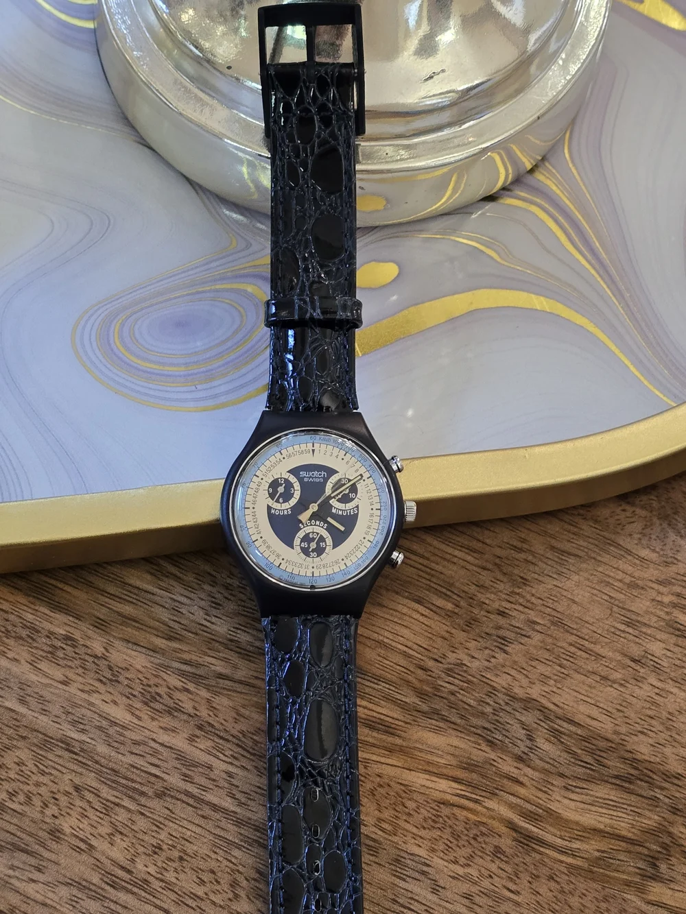 Swatch Swiss Black and Cream Chronograph Watch